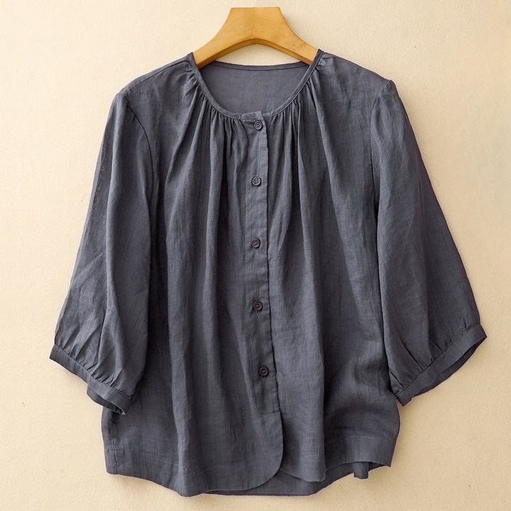 Buddha Stonesプレーンボタン クルーネックデザイン レディース コットンブレンド 七分袖シャツ - 海軍 - US14、 UK/AU18、 EU46 (2XL) - image 0