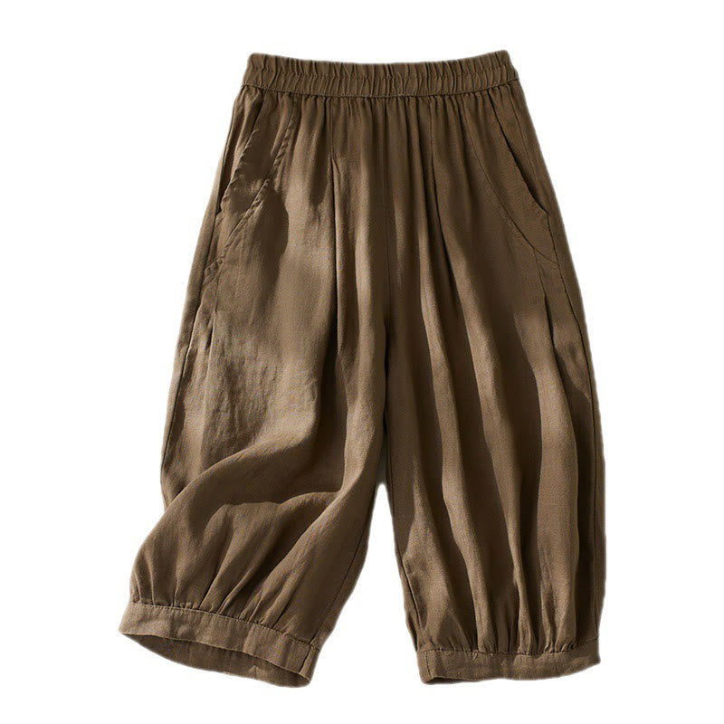 Buddha Stones通勤用 ピュアカラー ハイウエスト レディース コットンリネン ハーレム クロップドパンツ ポケット付き - image 7