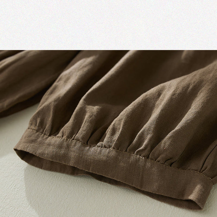 Buddha Stones通勤用 ピュアカラー ハイウエスト レディース コットンリネン ハーレム クロップドパンツ ポケット付き - image 5