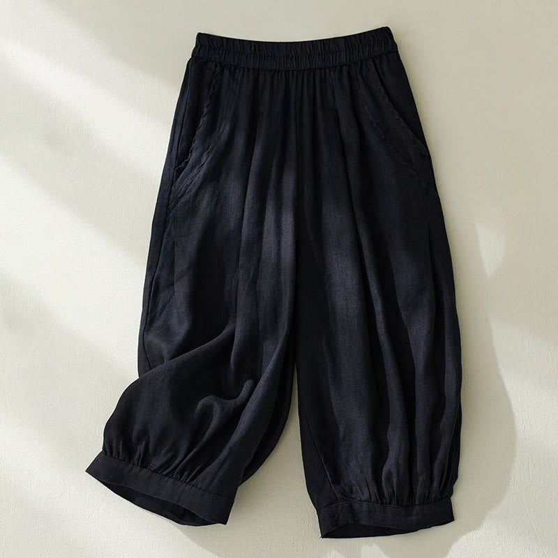 Buddha Stones通勤用 ピュアカラー ハイウエスト レディース コットンリネン ハーレム クロップドパンツ ポケット付き