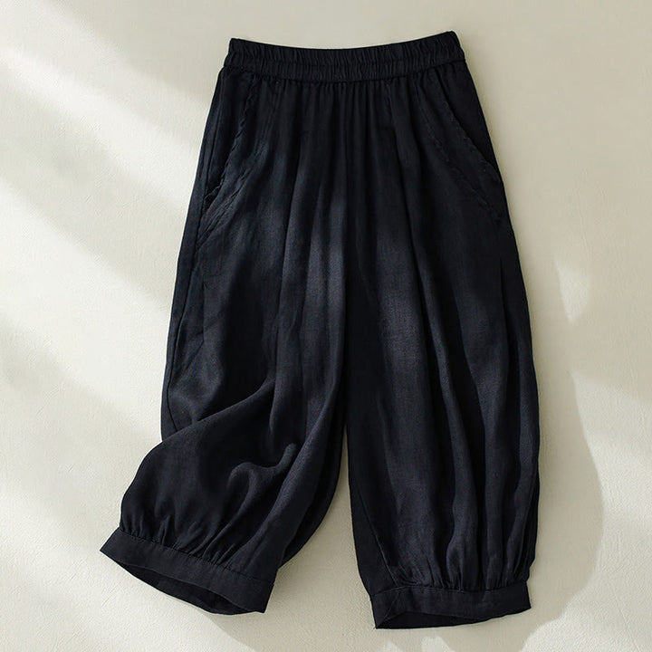 Buddha Stones通勤用 ピュアカラー ハイウエスト レディース コットンリネン ハーレム クロップドパンツ ポケット付き