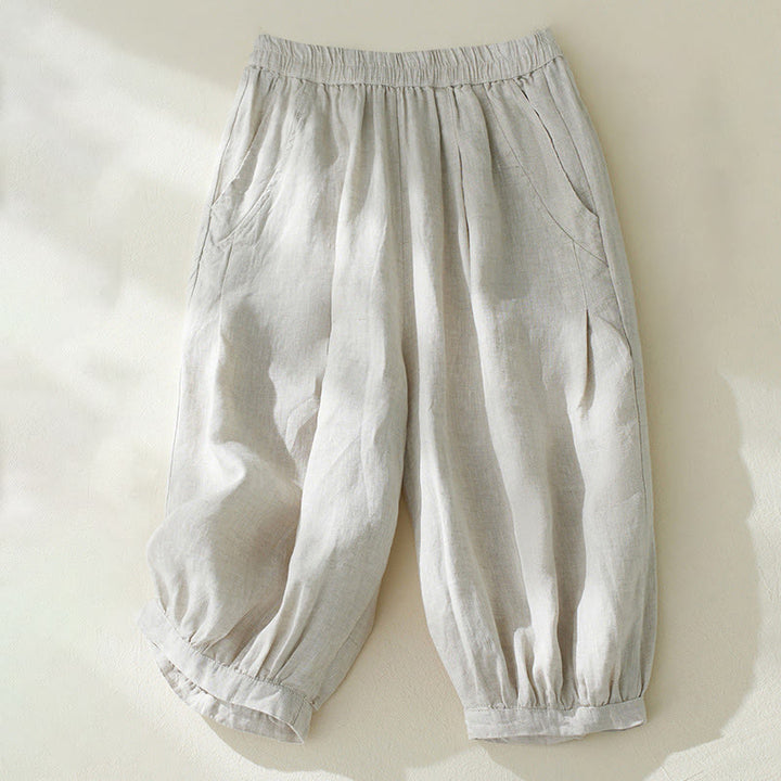 Buddha Stones通勤用 ピュアカラー ハイウエスト レディース コットンリネン ハーレム クロップドパンツ ポケット付き