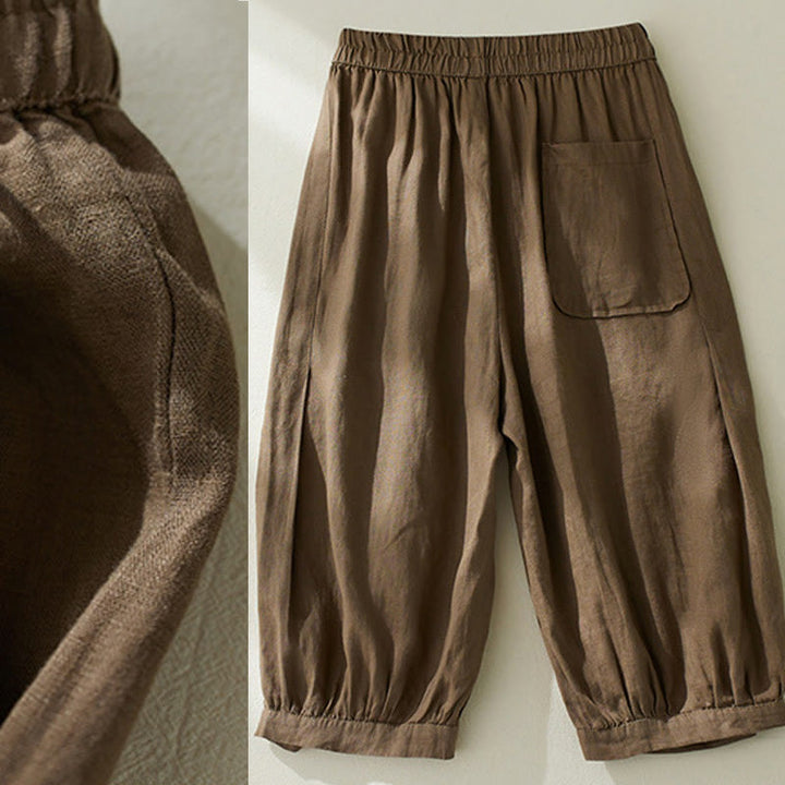 Buddha Stones通勤用 ピュアカラー ハイウエスト レディース コットンリネン ハーレム クロップドパンツ ポケット付き - image 6