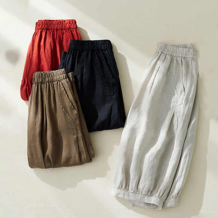 Buddha Stones通勤用 ピュアカラー ハイウエスト レディース コットンリネン ハーレム クロップドパンツ ポケット付き