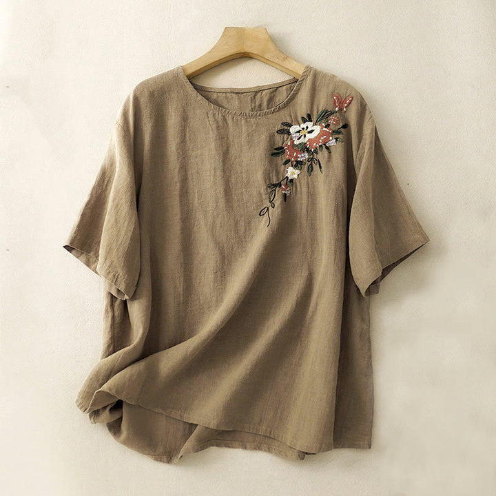 Buddha Stonesカジュアル サマー 刺繍 クルーネック レディース コットン 半袖 Tシャツ