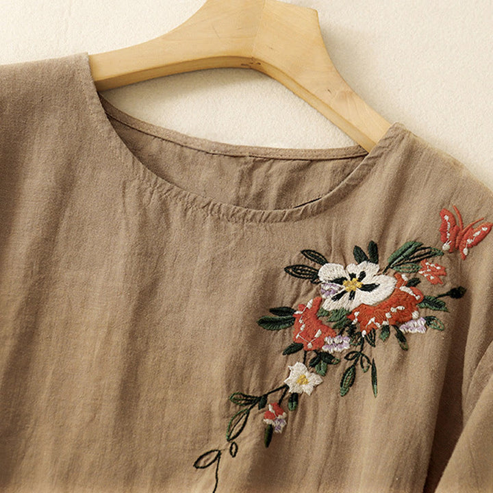 Buddha Stonesカジュアル サマー 刺繍 クルーネック レディース コットン 半袖 Tシャツ