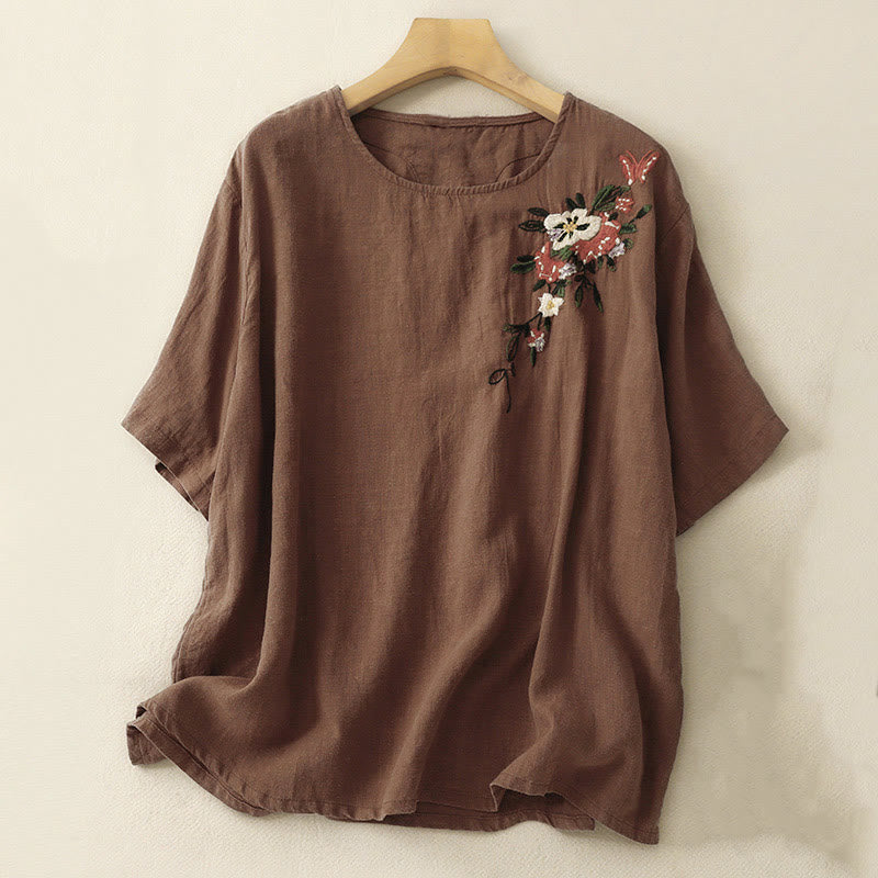 Buddha Stonesカジュアル サマー 刺繍 クルーネック レディース コットン 半袖 Tシャツ