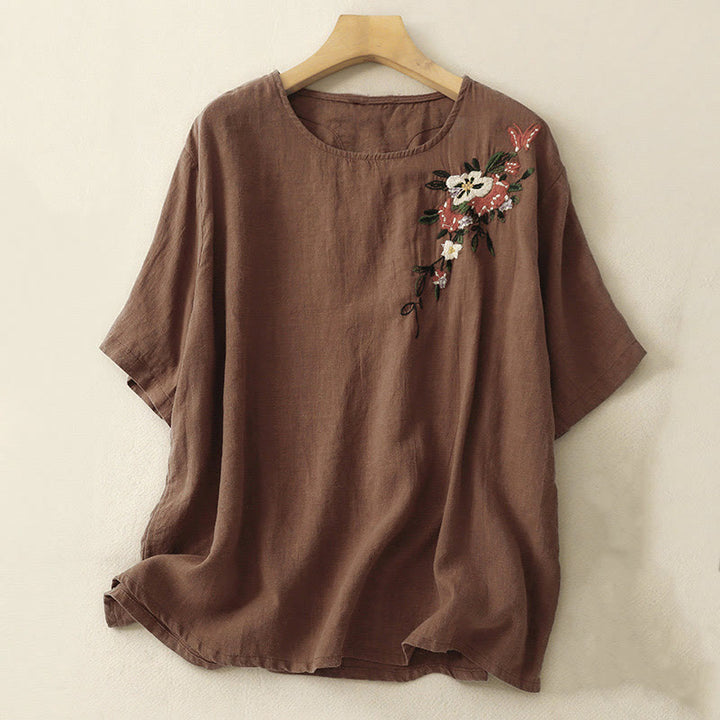 Buddha Stonesカジュアル サマー 刺繍 クルーネック レディース コットン 半袖 Tシャツ