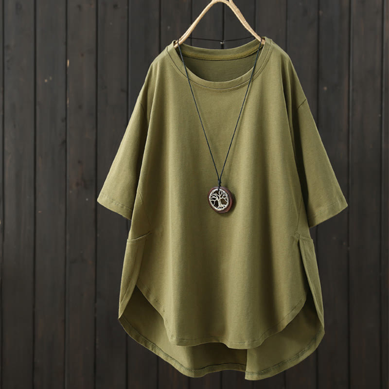 Buddha Stonesカジュアル ゆったり 夏用 無地 クルーネック レディース 半袖Tシャツ - オリーブ - US14、 UK/AU18、 EU46 (2XL) - image 0