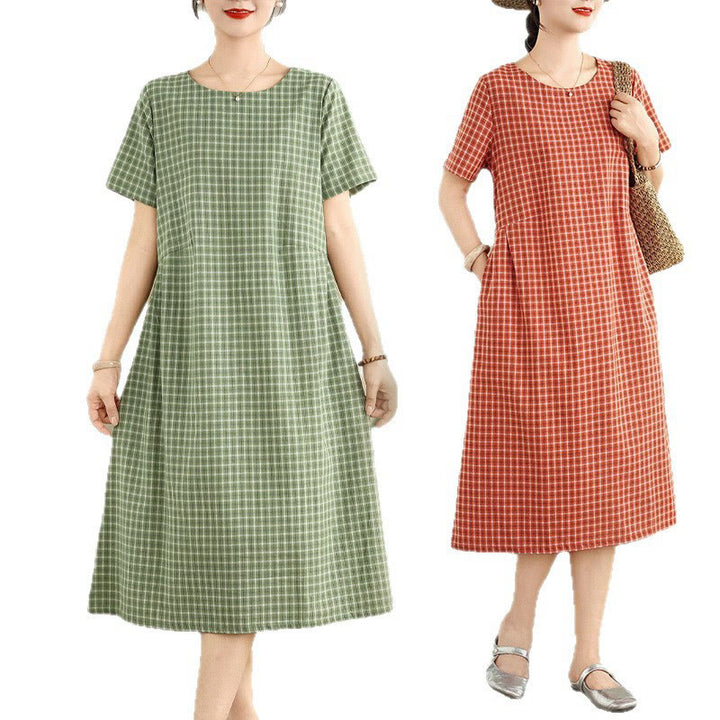 Buddha Stonesレトロ 無地 チェック柄 クルーネック 半袖 コットンリネン ミディドレス ポケット付き - image 17