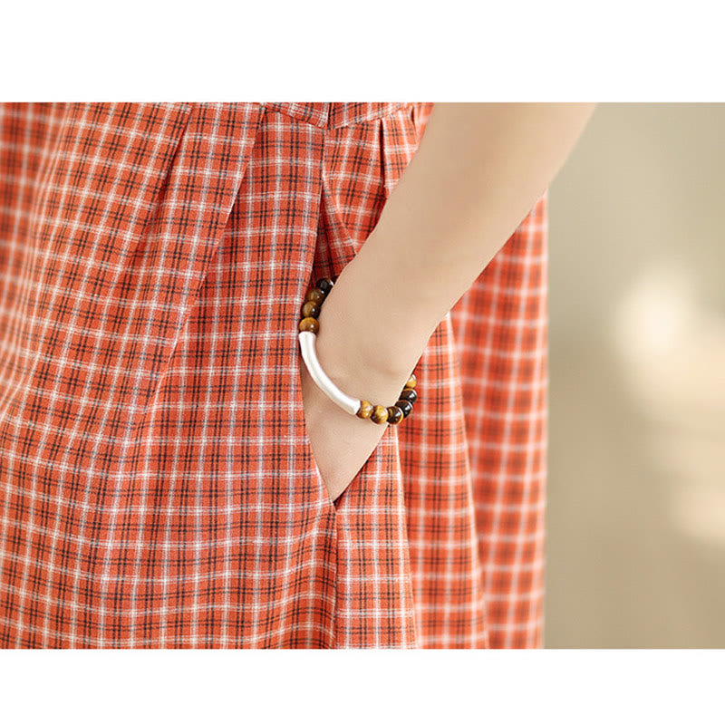 Buddha Stonesレトロ 無地 チェック柄 クルーネック 半袖 コットンリネン ミディドレス ポケット付き - image 8