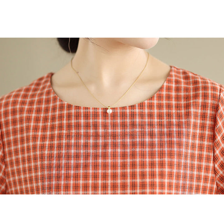 Buddha Stonesレトロ 無地 チェック柄 クルーネック 半袖 コットンリネン ミディドレス ポケット付き - image 7