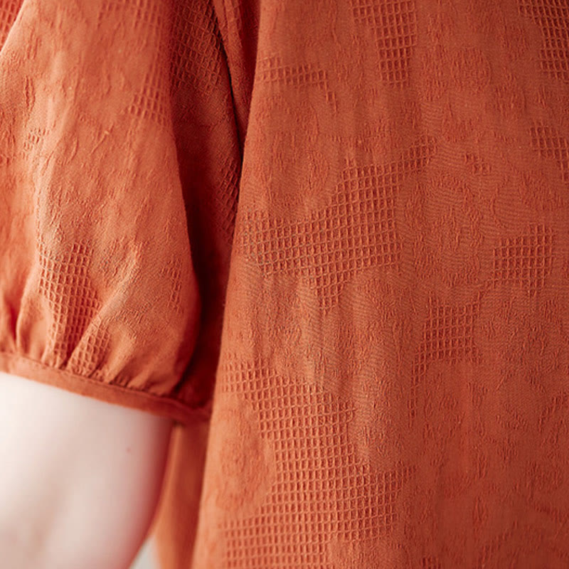 Buddha Stonesカジュアル 無地 ジャカード クルーネック ショート パフスリーブ コットン リネン ミディドレス - image 7