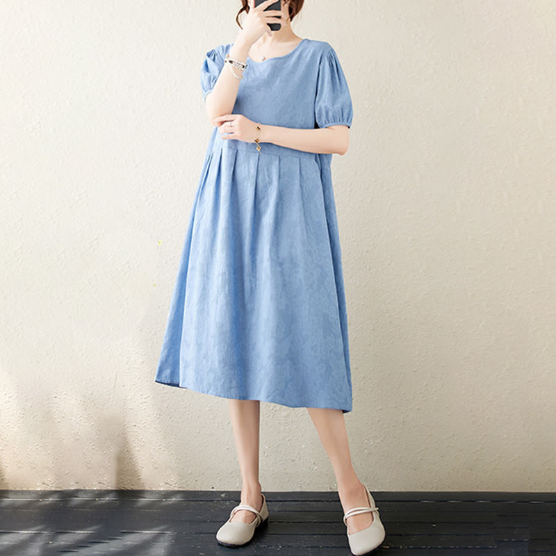 Buddha Stonesカジュアル 無地 ジャカード クルーネック ショート パフスリーブ コットン リネン ミディドレス - image 20