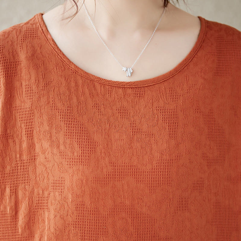 Buddha Stonesカジュアル 無地 ジャカード クルーネック ショート パフスリーブ コットン リネン ミディドレス - image 5