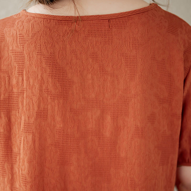 Buddha Stonesカジュアル 無地 ジャカード クルーネック ショート パフスリーブ コットン リネン ミディドレス - image 6