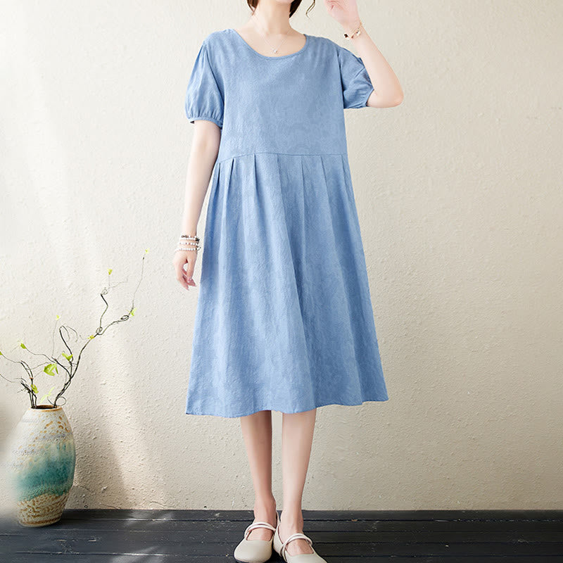 Buddha Stonesカジュアル 無地 ジャカード クルーネック ショート パフスリーブ コットン リネン ミディドレス - image 21