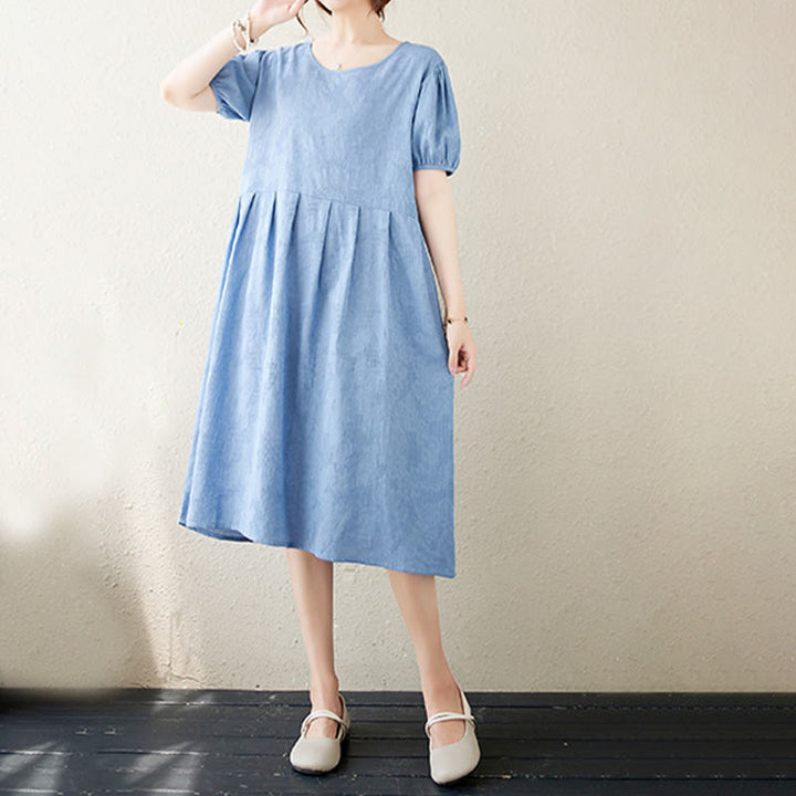 Buddha Stonesカジュアル 無地 ジャカード クルーネック ショート パフスリーブ コットン リネン ミディドレス - image 22