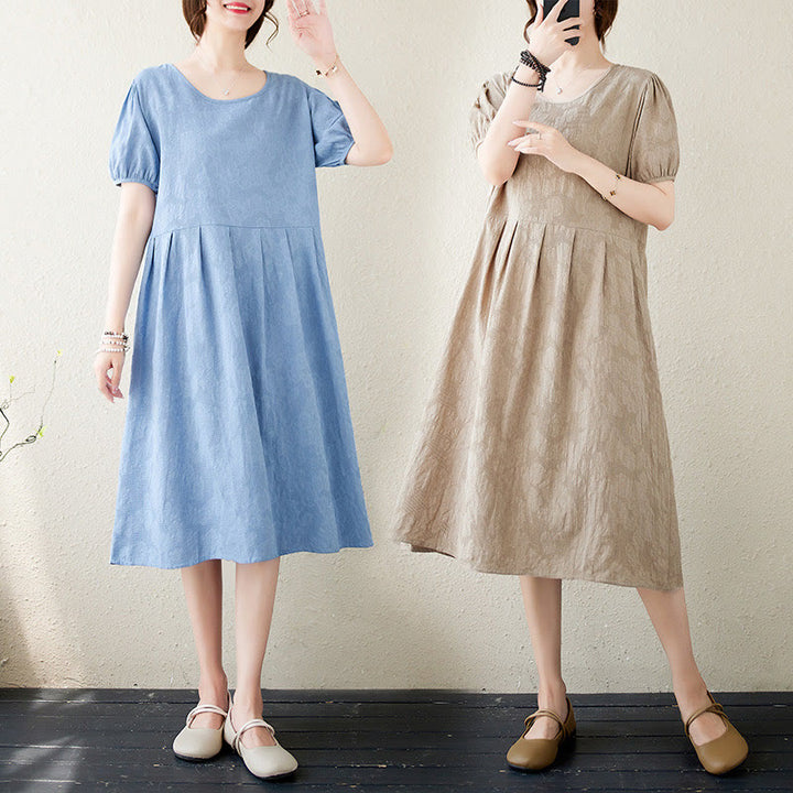 Buddha Stonesカジュアル 無地 ジャカード クルーネック ショート パフスリーブ コットン リネン ミディドレス - image 24