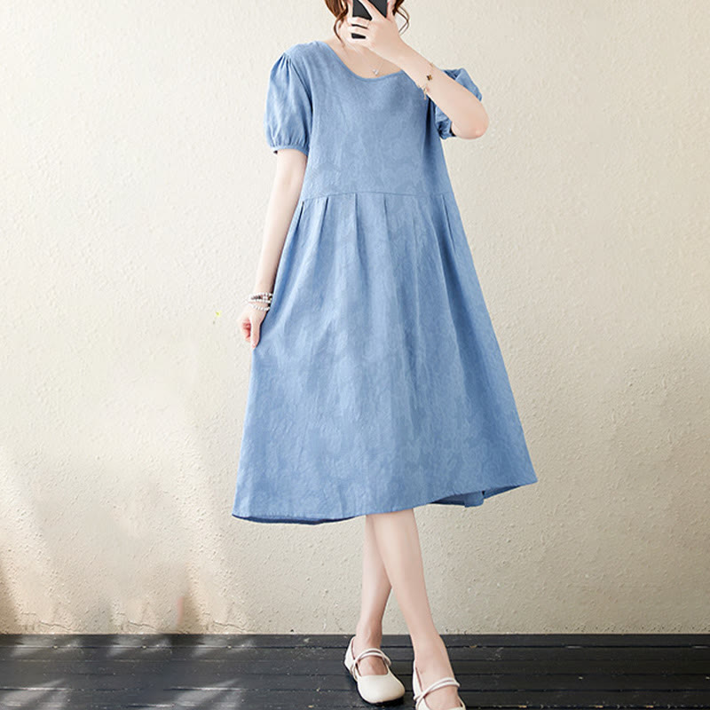 Buddha Stonesカジュアル 無地 ジャカード クルーネック ショート パフスリーブ コットン リネン ミディドレス - image 19