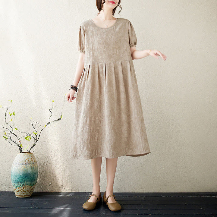 Buddha Stonesカジュアル 無地 ジャカード クルーネック ショート パフスリーブ コットン リネン ミディドレス - ダークカーキ - US8-10，UK/AU12-14，EU40-42 (2XL) - image 11