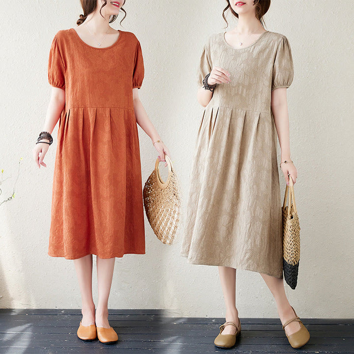 Buddha Stonesカジュアル 無地 ジャカード クルーネック ショート パフスリーブ コットン リネン ミディドレス - image 23