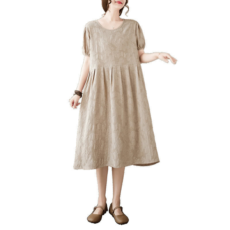 Buddha Stonesカジュアル 無地 ジャカード クルーネック ショート パフスリーブ コットン リネン ミディドレス - image 16