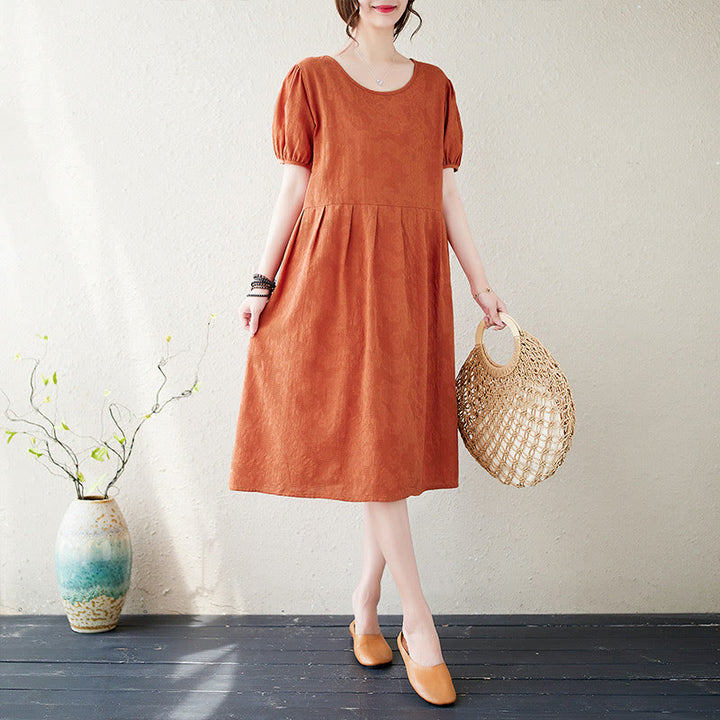 Buddha Stonesカジュアル 無地 ジャカード クルーネック ショート パフスリーブ コットン リネン ミディドレス - オレンジレッド - US8-10，UK/AU12-14，EU40-42 (2XL) - image 0