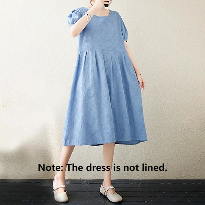 Buddha Stonesカジュアル 無地 ジャカード クルーネック ショート パフスリーブ コットン リネン ミディドレス - image 18