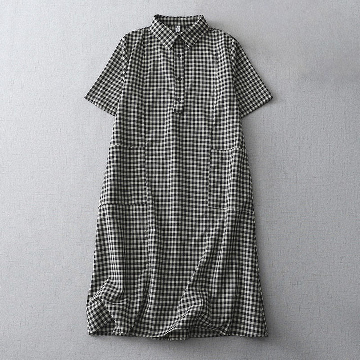 Buddha Stonesカジュアル ヴィンテージ チェック柄 ラペル 半袖 コットン ミディドレス ポケット付き - 黒 - US8-10，UK/AU12-14，EU40-42 (2XL) - image 0