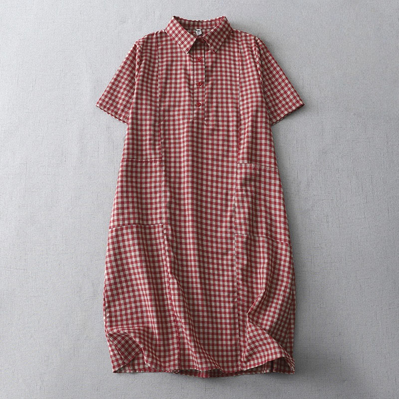 Buddha Stonesカジュアル ヴィンテージ チェック柄 ラペル 半袖 コットン ミディドレス ポケット付き - クリムゾン - US8-10，UK/AU12-14，EU40-42 (2XL) - image 6