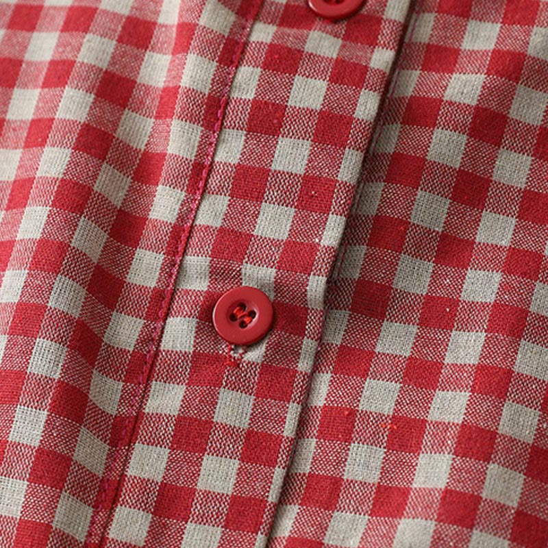 Buddha Stonesカジュアル ヴィンテージ チェック柄 ラペル 半袖 コットン ミディドレス ポケット付き - image 11