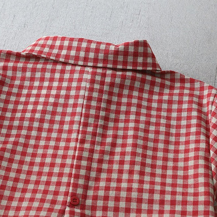 Buddha Stonesカジュアル ヴィンテージ チェック柄 ラペル 半袖 コットン ミディドレス ポケット付き - image 9