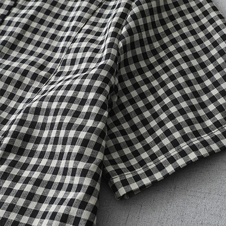 Buddha Stonesカジュアル ヴィンテージ チェック柄 ラペル 半袖 コットン ミディドレス ポケット付き - image 4