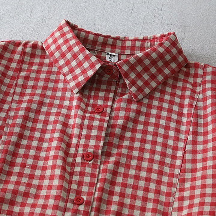 Buddha Stonesカジュアル ヴィンテージ チェック柄 ラペル 半袖 コットン ミディドレス ポケット付き - image 8