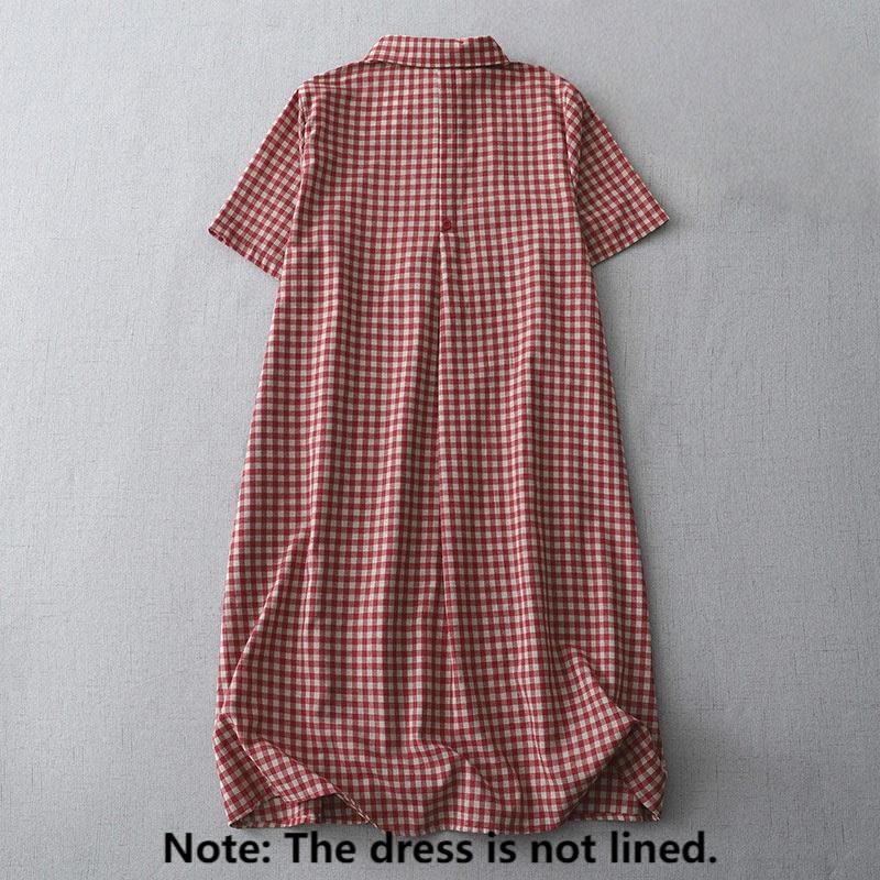 Buddha Stonesカジュアル ヴィンテージ チェック柄 ラペル 半袖 コットン ミディドレス ポケット付き - image 7