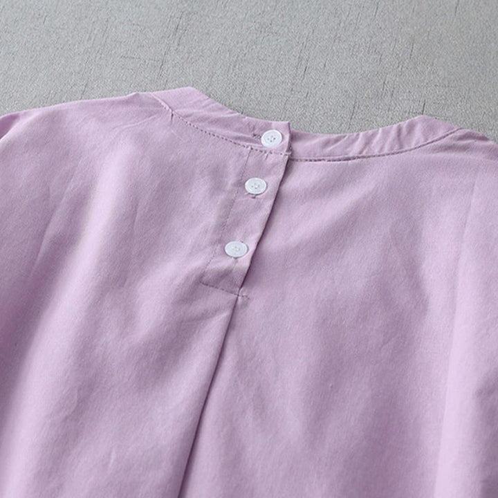 Buddha Stonesカジュアル ピュアカラー バックボタンデザイン クルーネック 半袖 コットンリネン ミディドレス ポケット付き - image 19