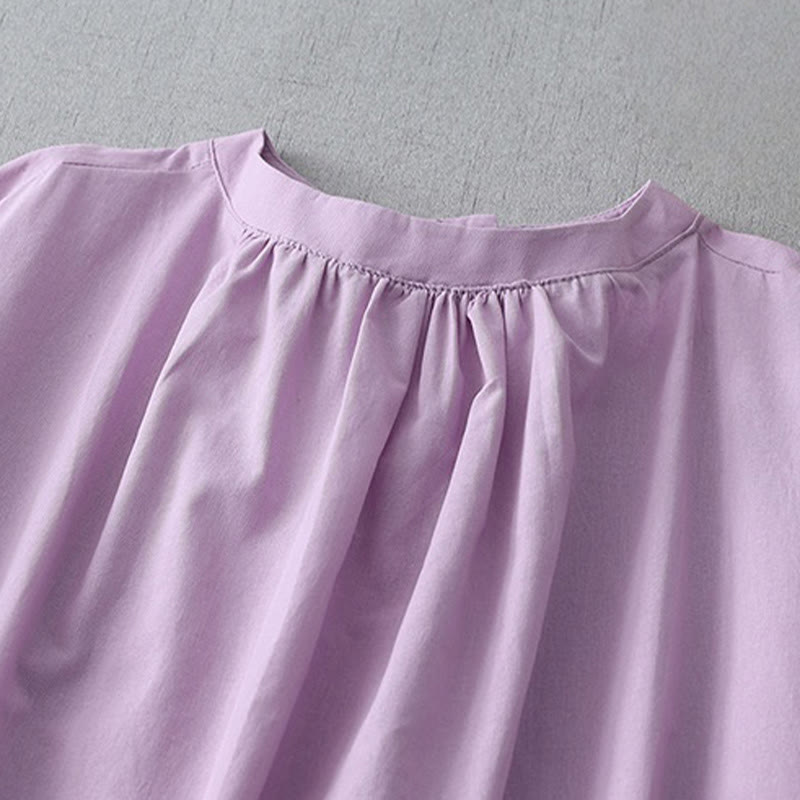 Buddha Stonesカジュアル ピュアカラー バックボタンデザイン クルーネック 半袖 コットンリネン ミディドレス ポケット付き - image 18