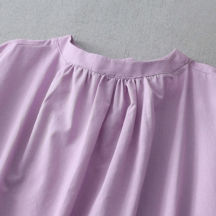 Buddha Stonesカジュアル ピュアカラー バックボタンデザイン クルーネック 半袖 コットンリネン ミディドレス ポケット付き - image 18