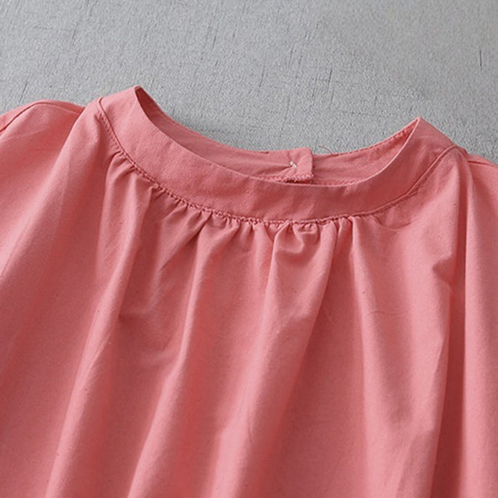 Buddha Stonesカジュアル ピュアカラー バックボタンデザイン クルーネック 半袖 コットンリネン ミディドレス ポケット付き - image 7