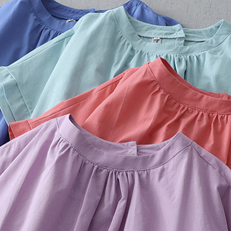 Buddha Stonesカジュアル ピュアカラー バックボタンデザイン クルーネック 半袖 コットンリネン ミディドレス ポケット付き - image 26