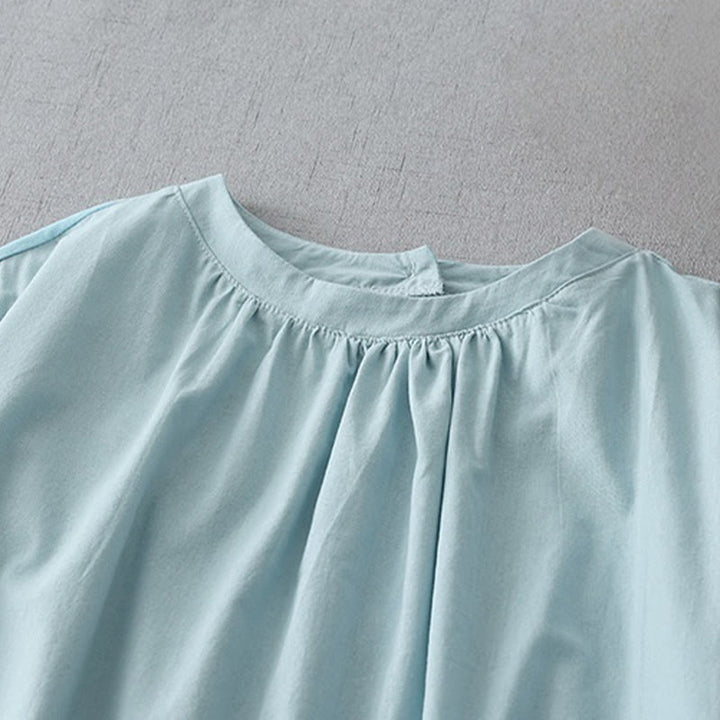 Buddha Stonesカジュアル ピュアカラー バックボタンデザイン クルーネック 半袖 コットンリネン ミディドレス ポケット付き - image 2