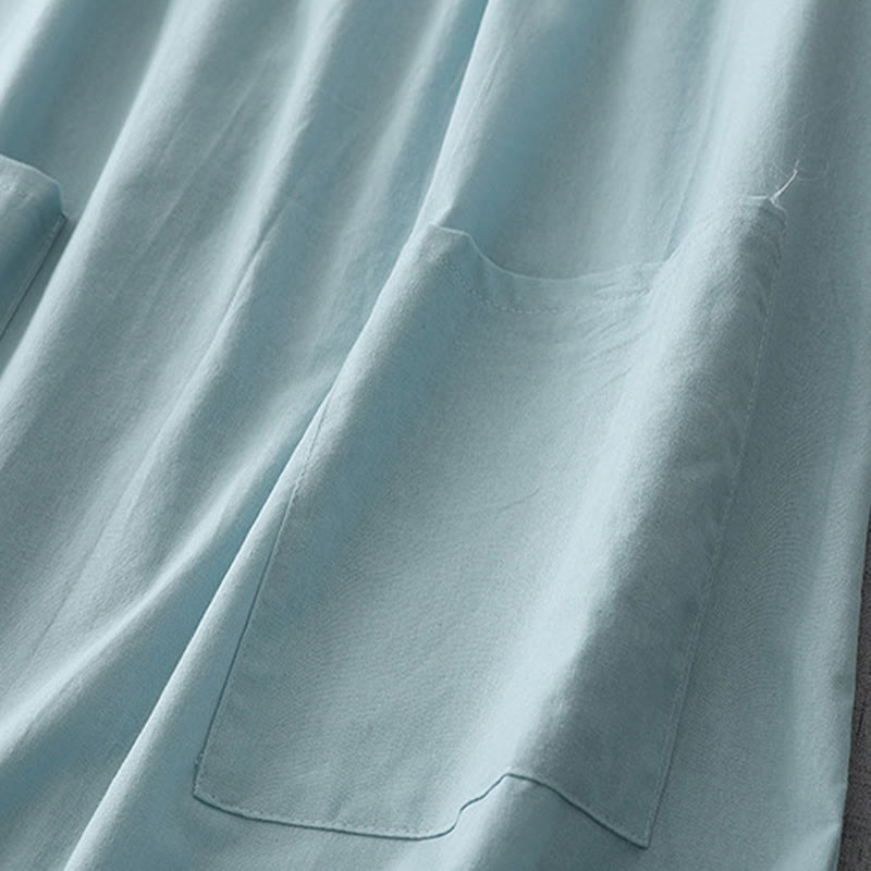 Buddha Stonesカジュアル ピュアカラー バックボタンデザイン クルーネック 半袖 コットンリネン ミディドレス ポケット付き - image 3