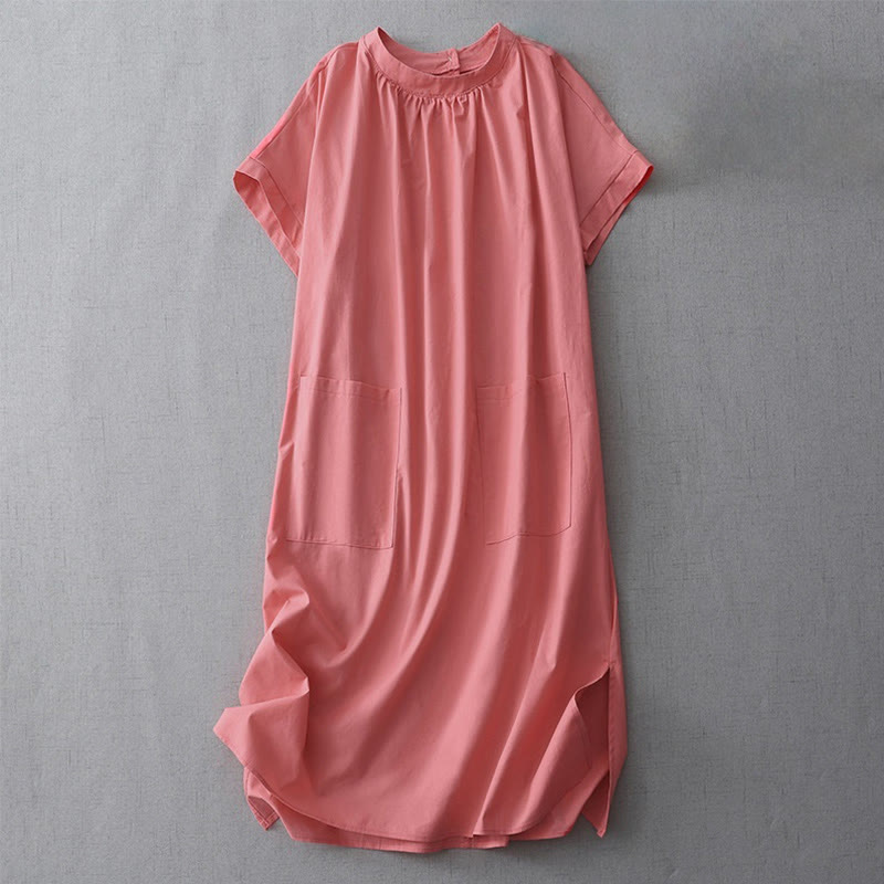 Buddha Stonesカジュアル ピュアカラー バックボタンデザイン クルーネック 半袖 コットンリネン ミディドレス ポケット付き - トマト - US14、 UK/AU18、 EU46 (2XL) - image 5