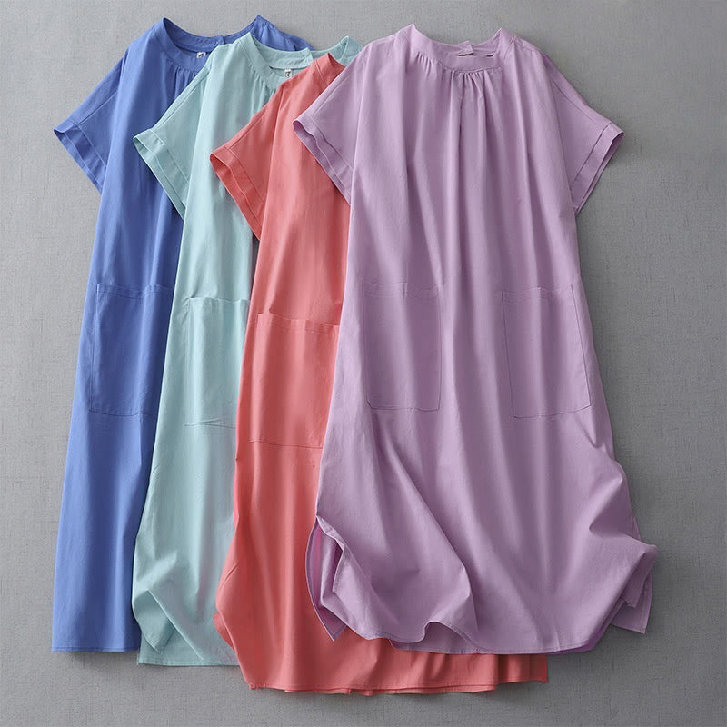 Buddha Stonesカジュアル ピュアカラー バックボタンデザイン クルーネック 半袖 コットンリネン ミディドレス ポケット付き - image 25