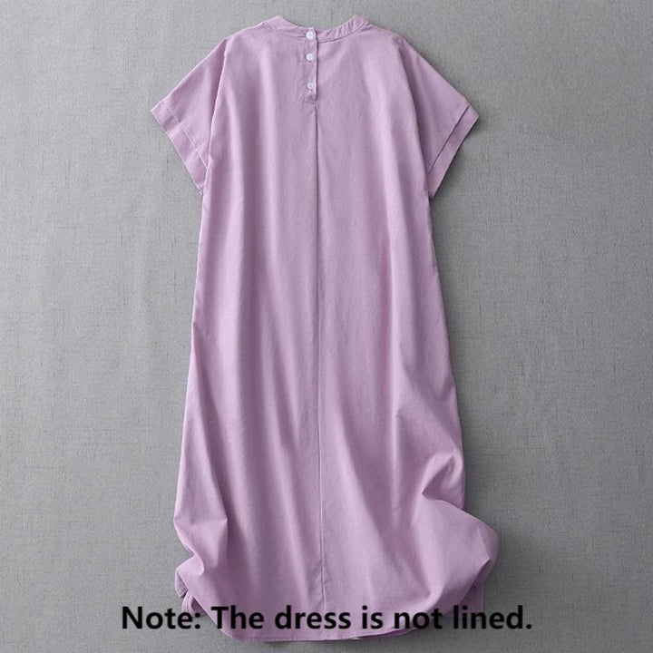 Buddha Stonesカジュアル ピュアカラー バックボタンデザイン クルーネック 半袖 コットンリネン ミディドレス ポケット付き - image 17