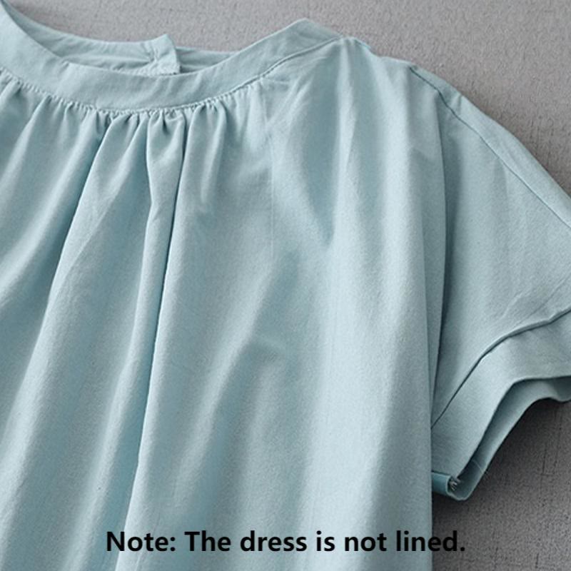 Buddha Stonesカジュアル ピュアカラー バックボタンデザイン クルーネック 半袖 コットンリネン ミディドレス ポケット付き - image 1