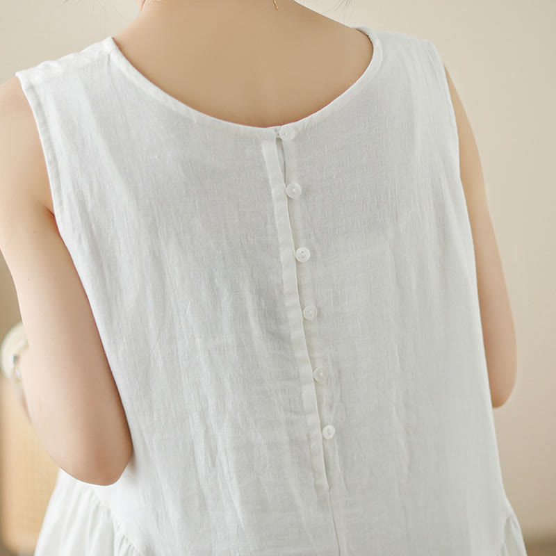 Buddha Stonesフローラルホワイトカジュアルバックボタンデザインノースリーブコットンミディドレスポケット付き - image 7