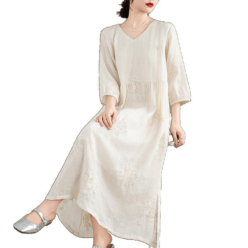 Buddha Stonesベージュ カジュアル 刺繍 七分袖 コットンリネン ミディドレス ポケット付き - image 11