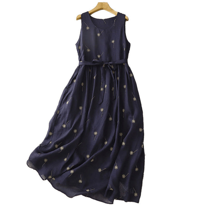 Buddha Stonesミッドナイトブループリント レースアップデザイン ノースリーブ コットン ミディドレス ポケット付き - image 10